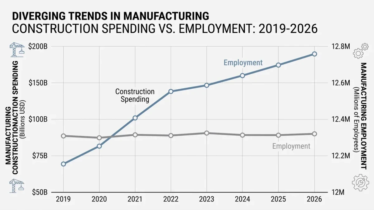 Chart comparing factory construction spending with manufacturing employment