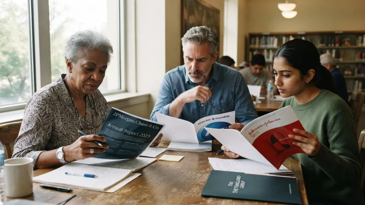 Diverse investment club members study printed reports of domestic companies in a library