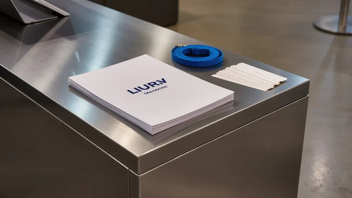 Close view of a fair information counter reflecting lights on polished floor