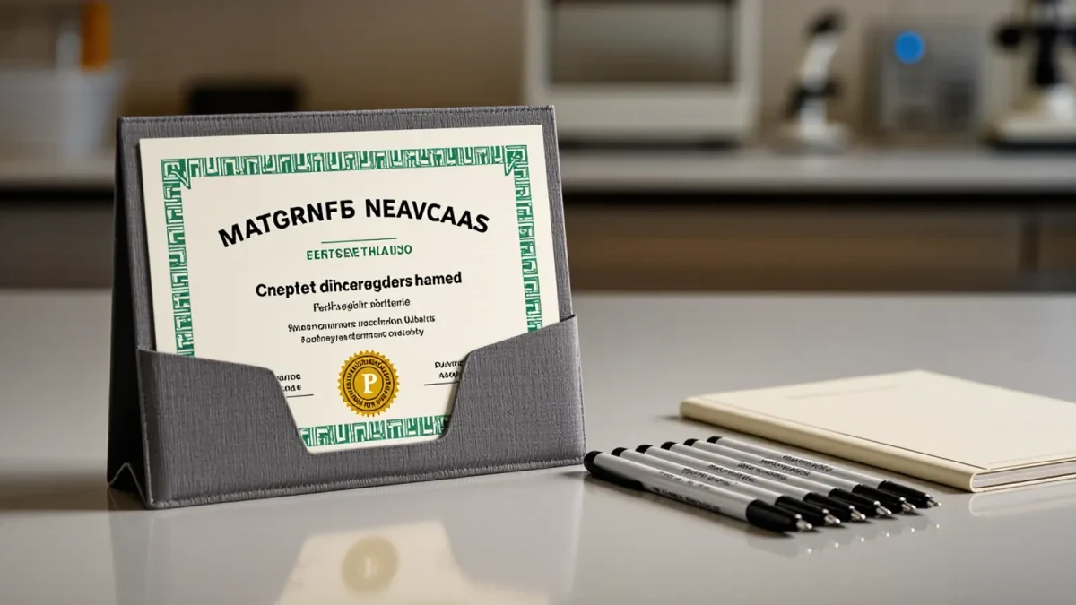 Close-up of a state teaching certificate with a chemistry exam booklet