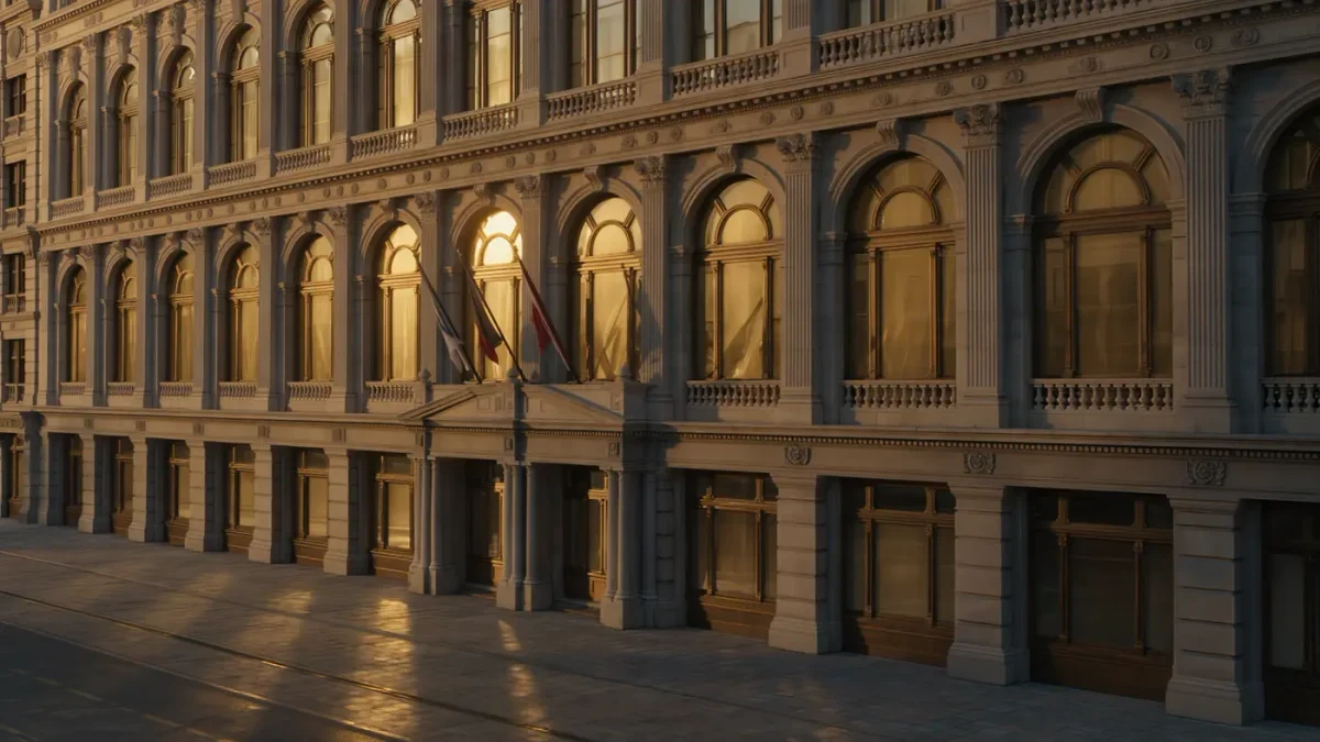 Grand classical stone department store facade glowing at golden hour with flags