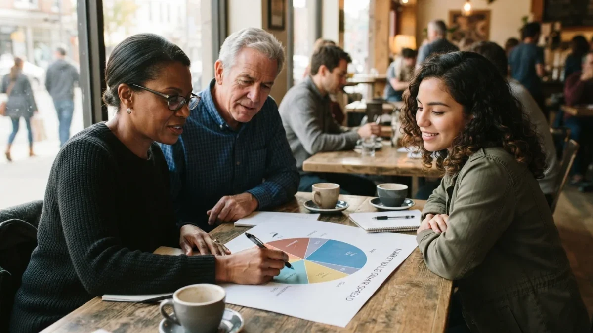 Investing club members reviewing a printed market share chart at a cafe table