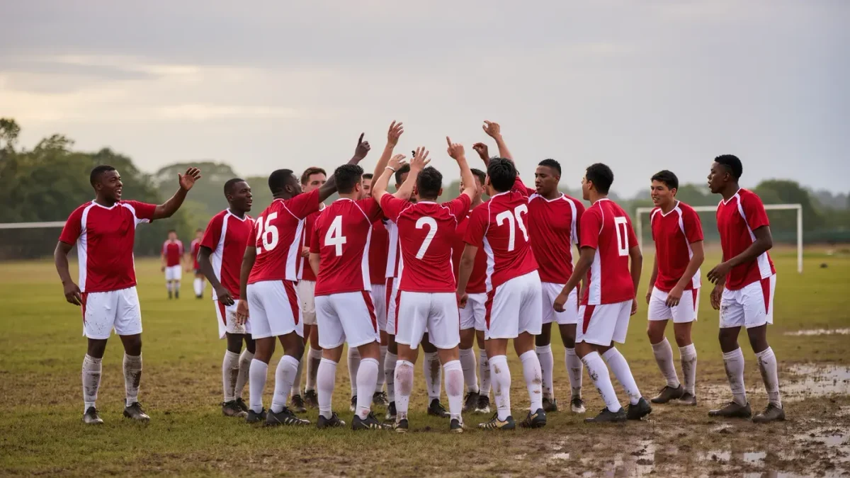 Amateur football team celebrating together on a grass pitch