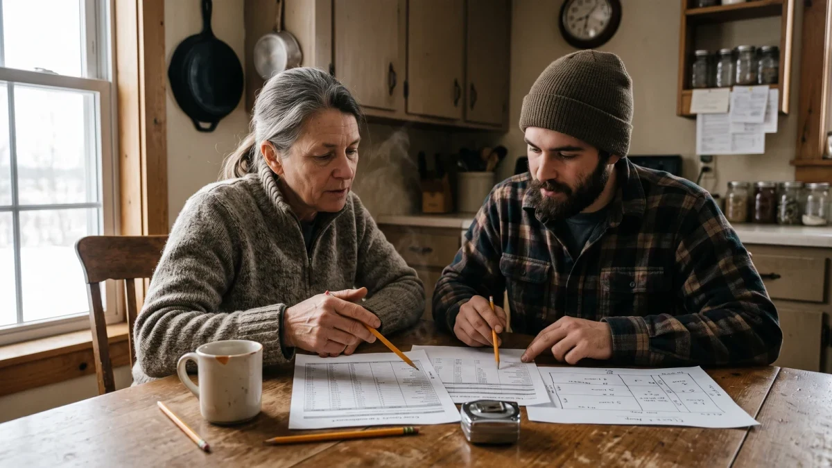 Farm operator reviewing crop cost worksheets at a kitchen table