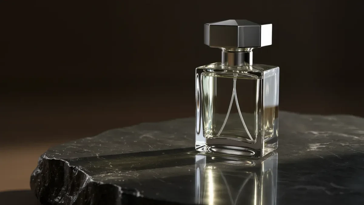 Unbranded perfume flacon close-up on dark stone with soft directional light