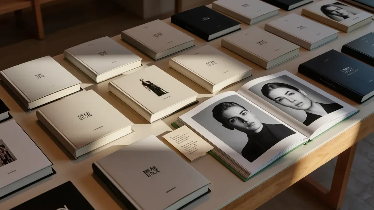 Stack of hardcover memoirs with blank spines on a bookshop table