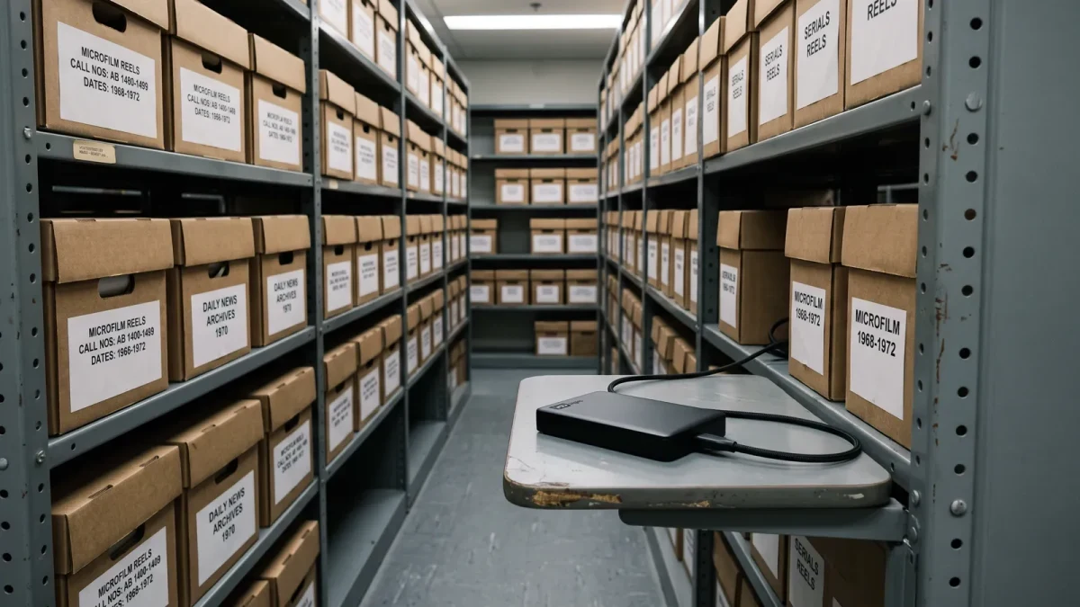Boxes of microfilm reels beside a server hard drive in a library storage room