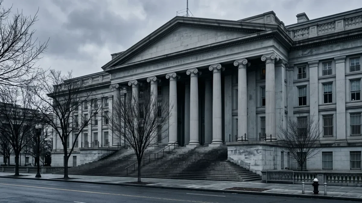 Treasury building facade in winter light with long shadows