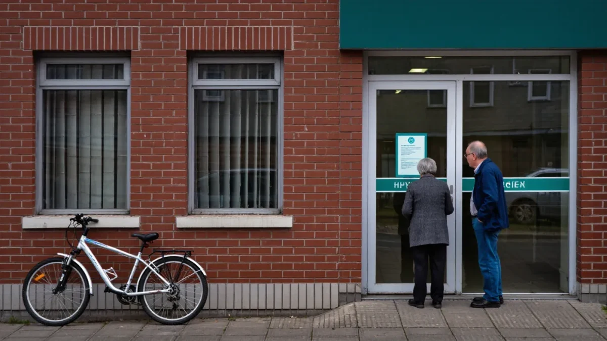 Older couple reading a notice taped inside a bank branch glass door