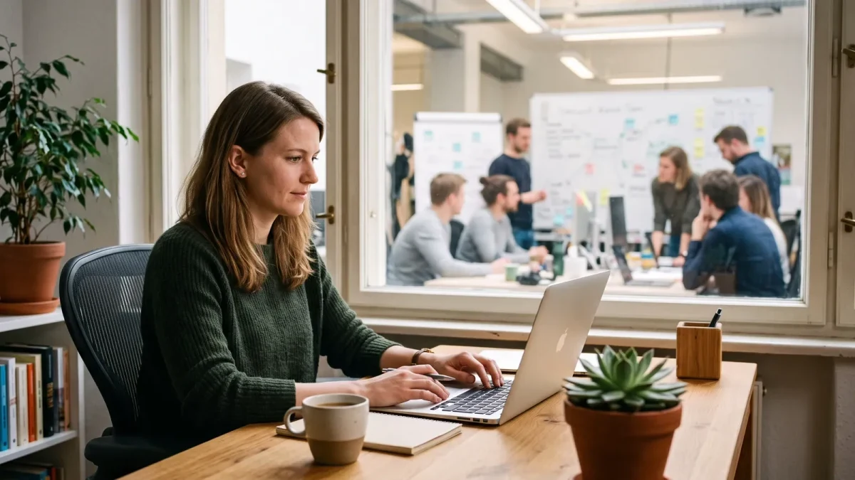 Solo operator at a home desk beside a contrasting open-plan team room