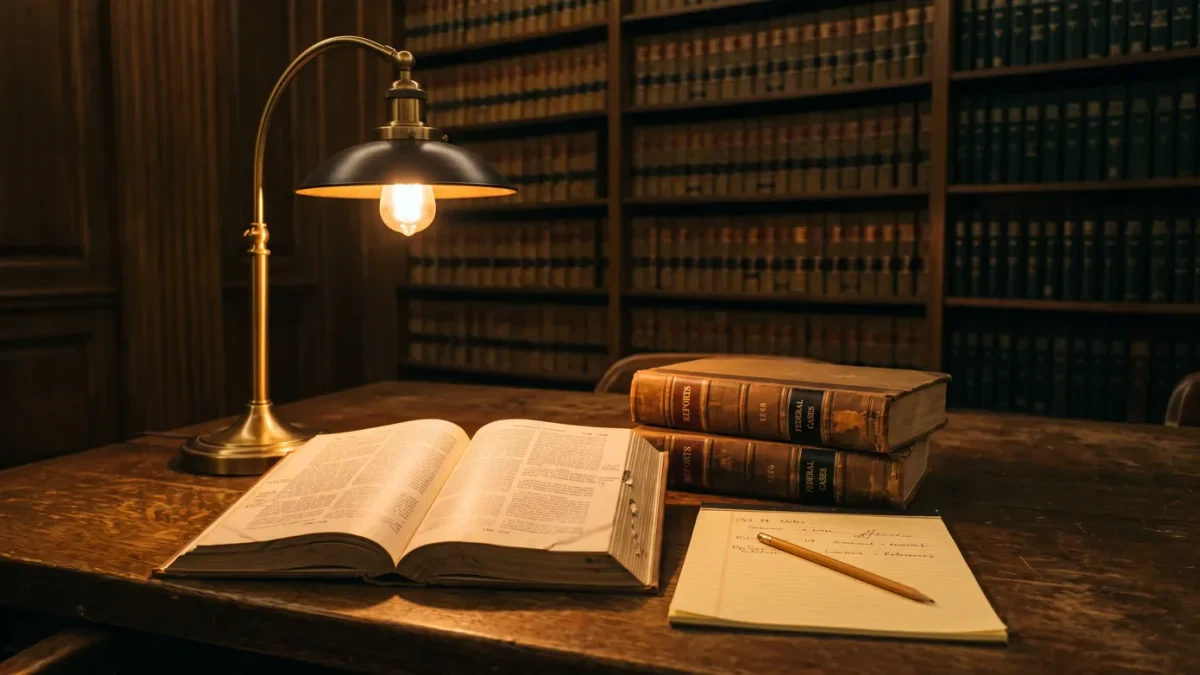 Law library reading table with open case reporters