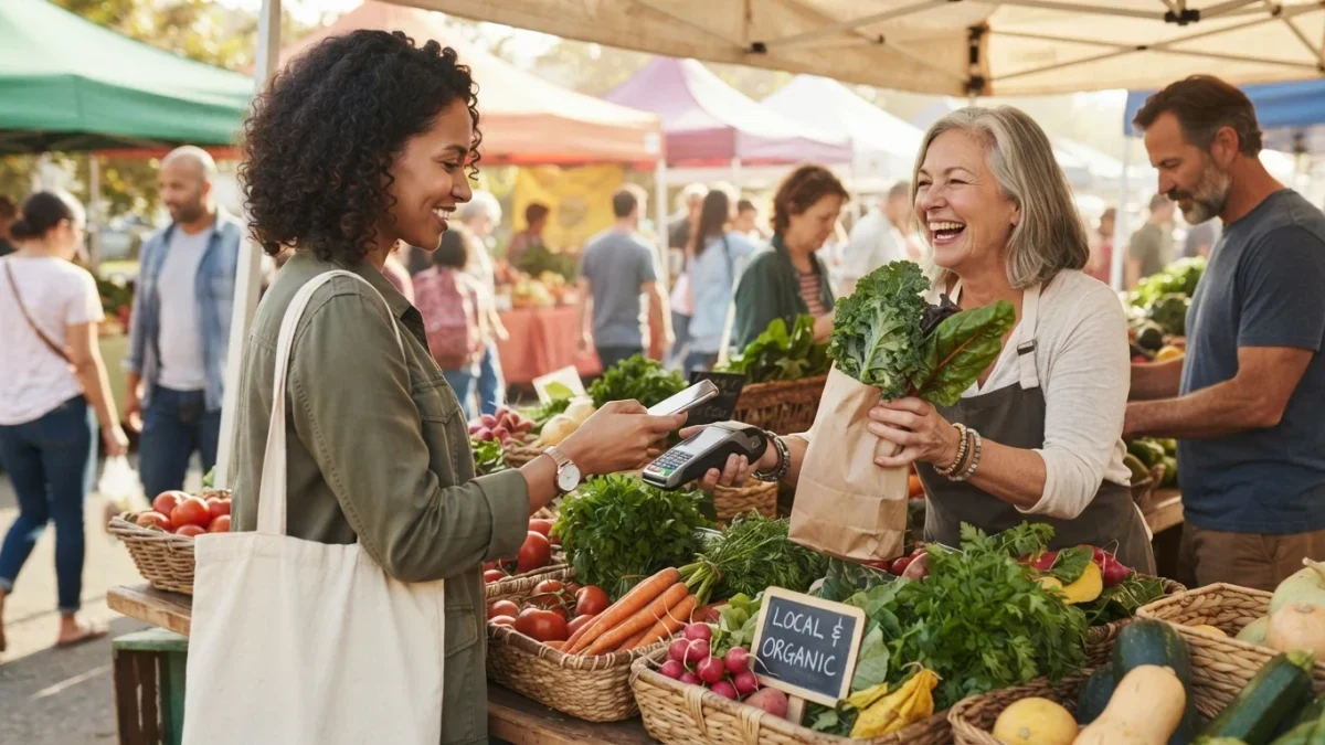 Shoppers paying with a smartphone at a farmers market stall