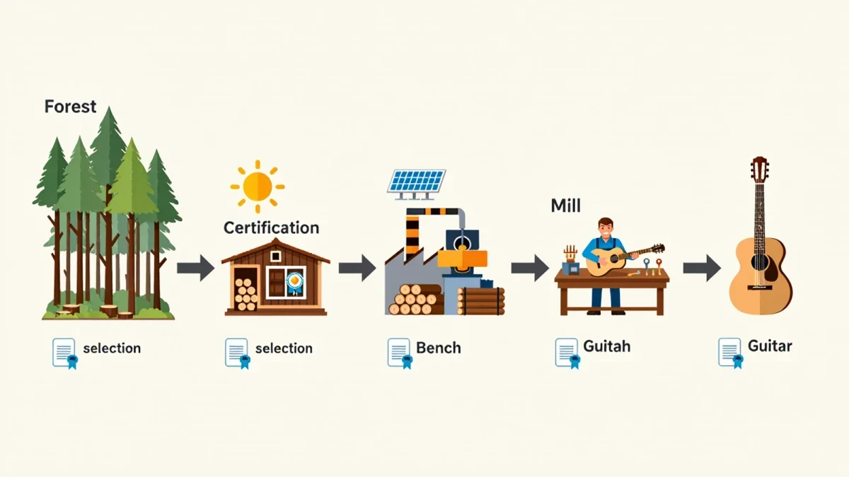 Infographic chart of a certified tonewood supply chain from forest to guitar