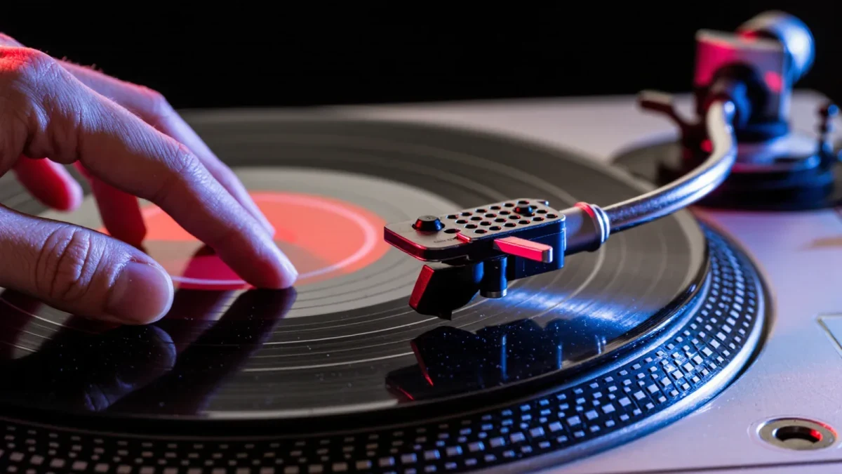 Close-up of fingers riding a turntable platter while beatmatching