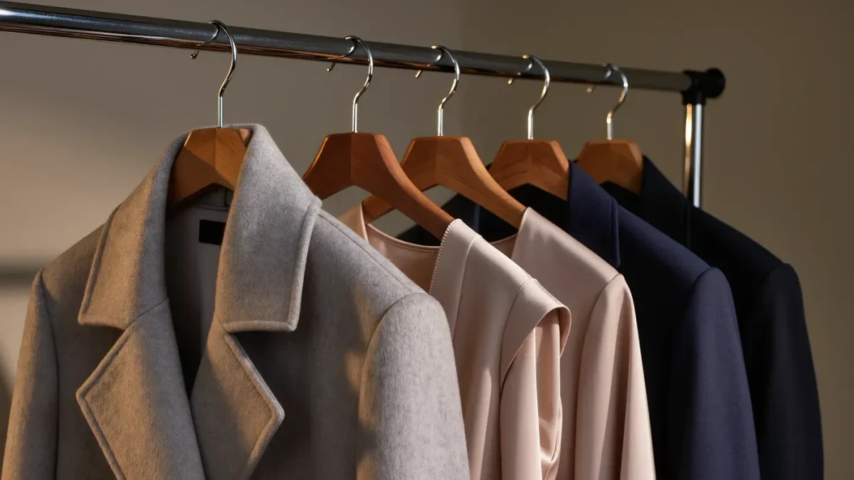 Close-up of a garment rail of looks in sequence, hangers receding into soft focus