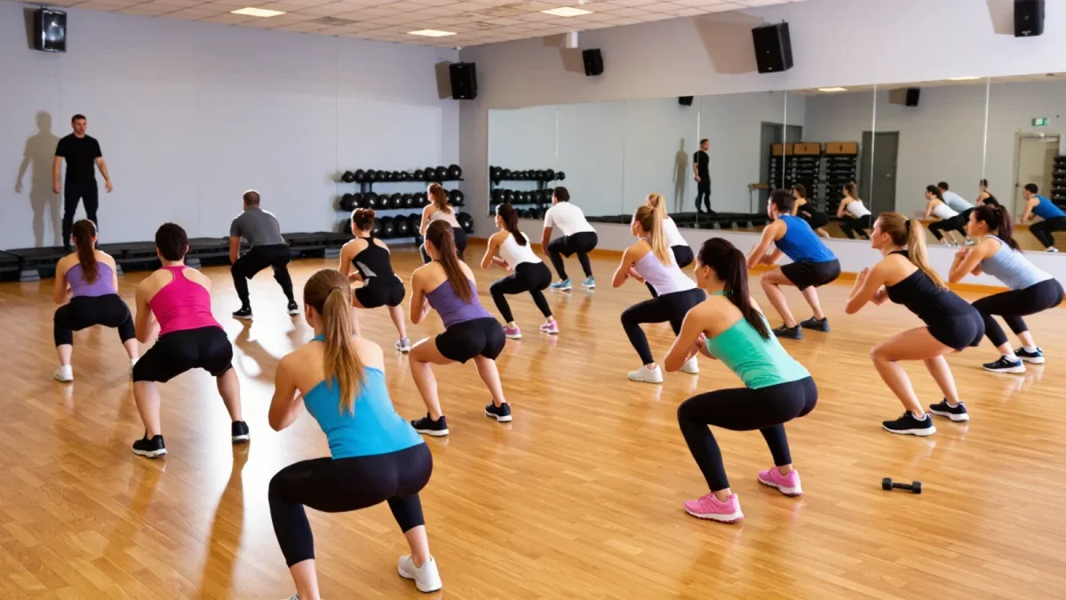 Studio fitness class mid-session seen from the back rows