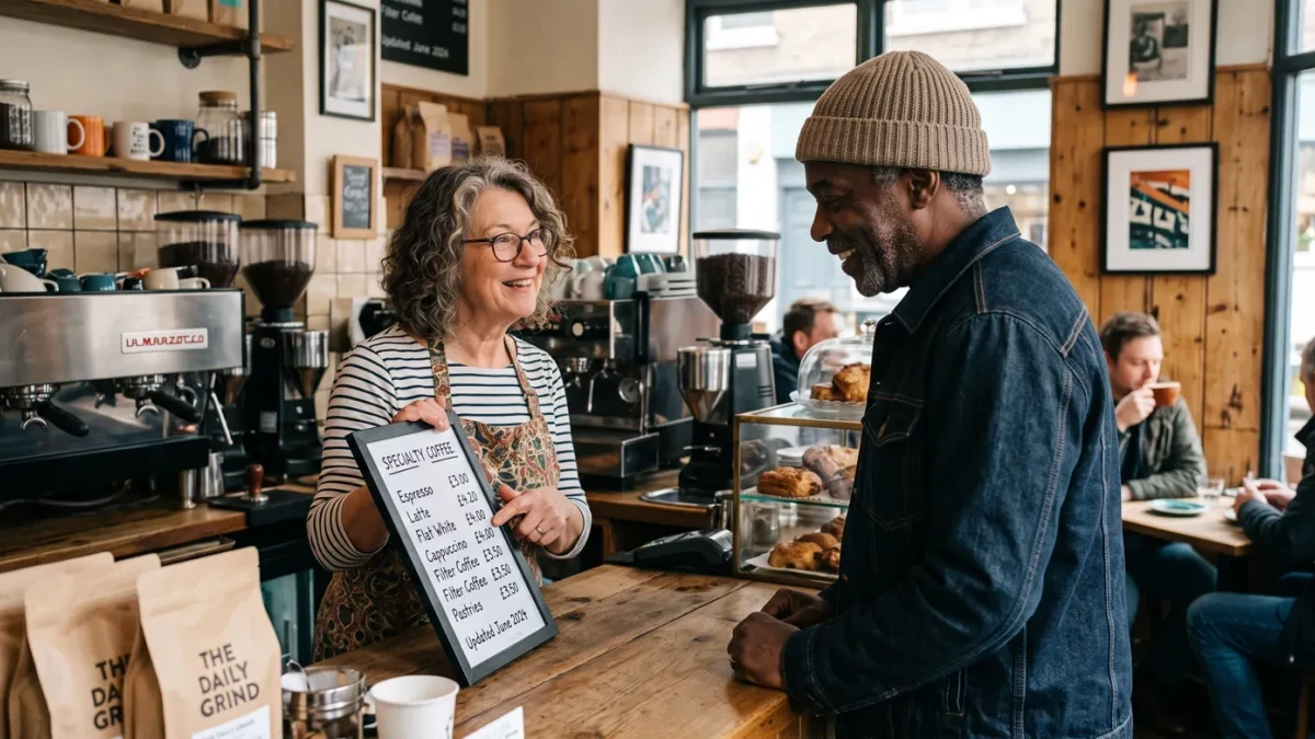 Owner calmly explaining a new price list to a regular customer