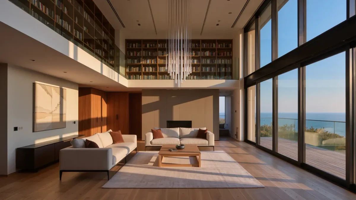 Living room with double-height windows and mezzanine loft