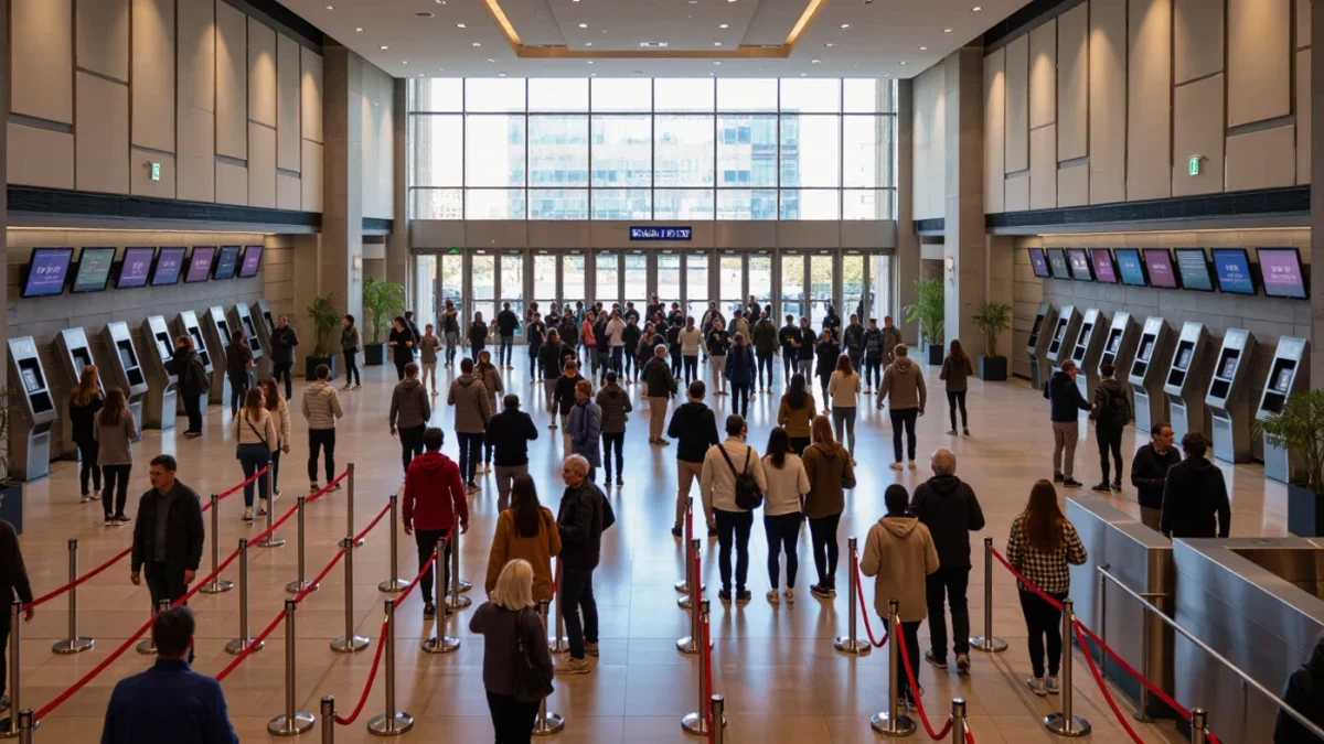 Diverse crowd waiting inside a modern multiplex lobby before a show