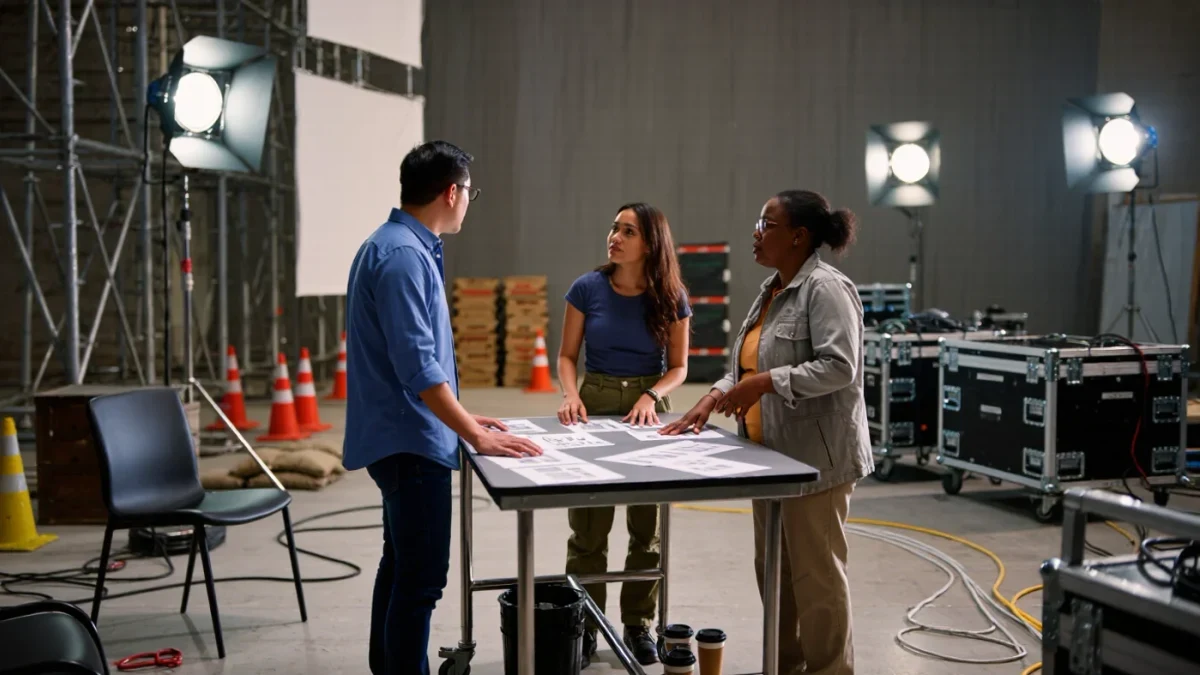 Film crew members conferring on a working soundstage between setups