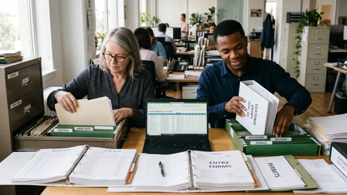 Compliance staff organizing entry files for refund documentation