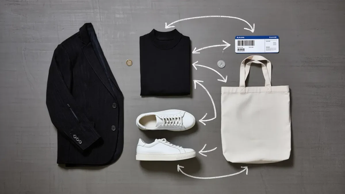 Infographic-style flat lay of the New York uniform: black coat, sneakers, tote