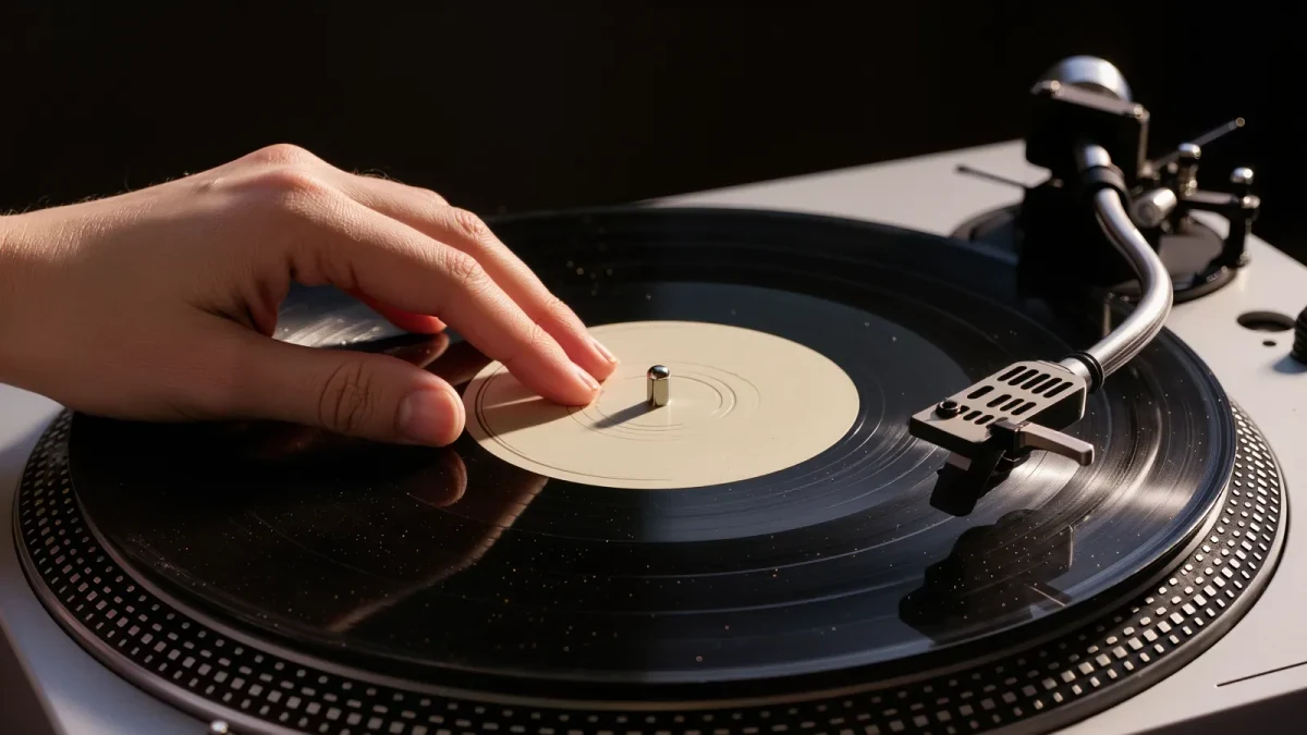 Close-up of a hand cueing a record on a turntable
