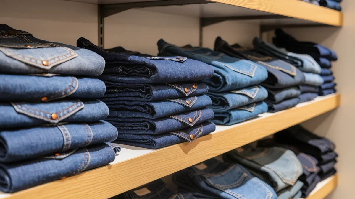 Folded raw denim jackets on a retail shelf under store lighting