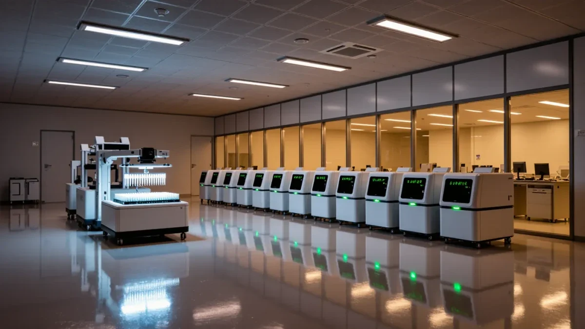 Empty genomics laboratory with sequencing machines and liquid-handling robots under cool light