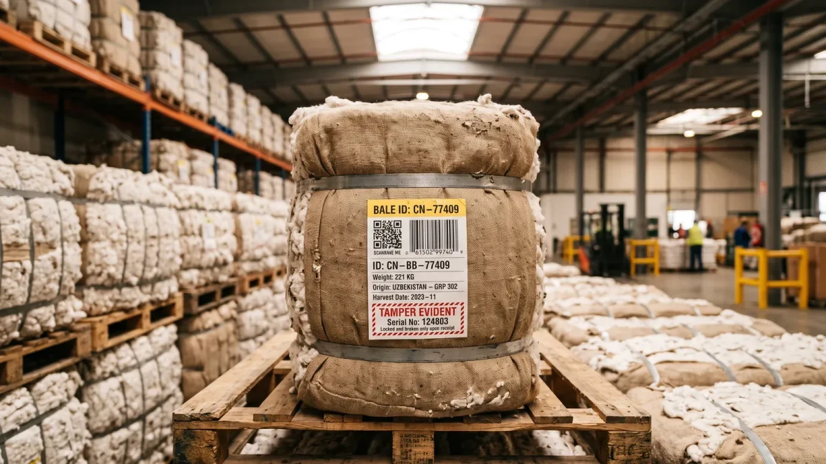 Close-up of cotton bales tagged with traceability labels in a warehouse