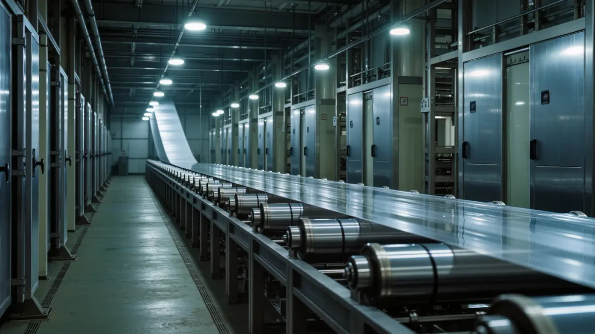 Film coating plant interior with web threading through rollers