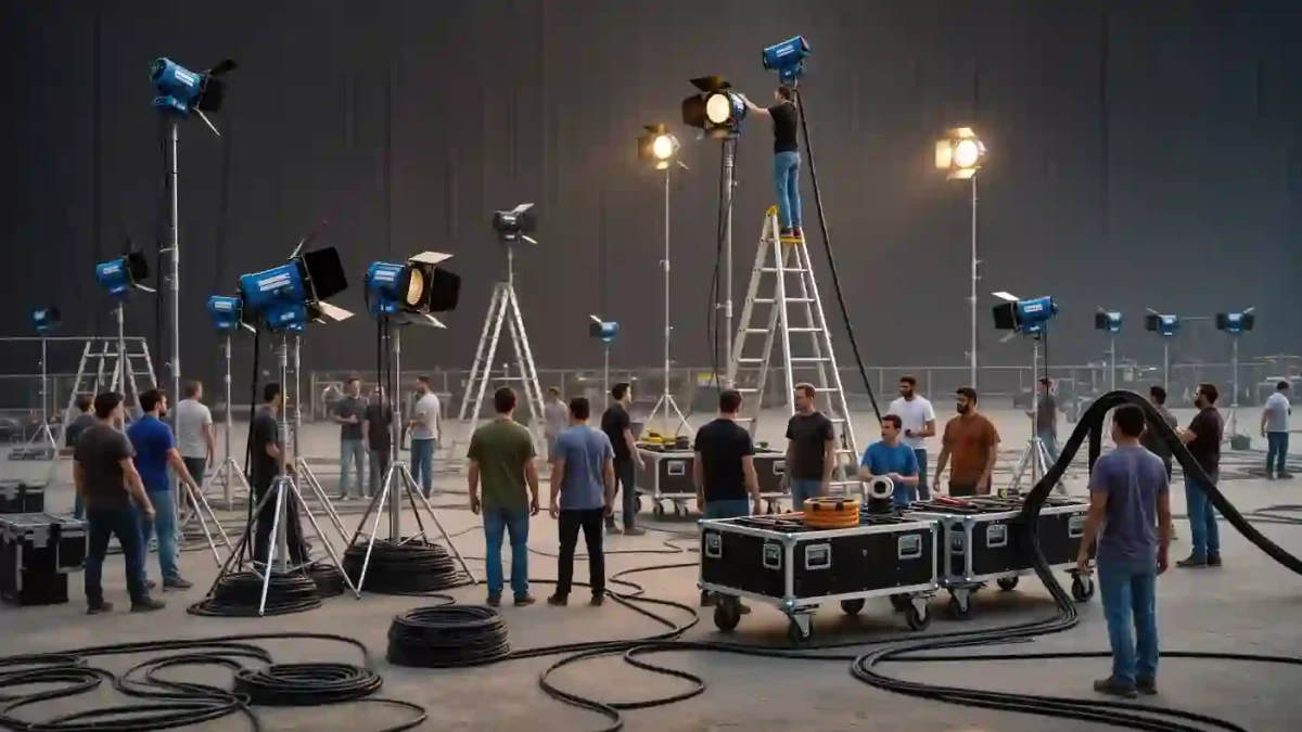 Film crew members rigging lights on a working production stage