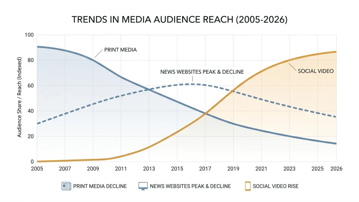 Infographic of two displacement waves: print then websites, over a timeline