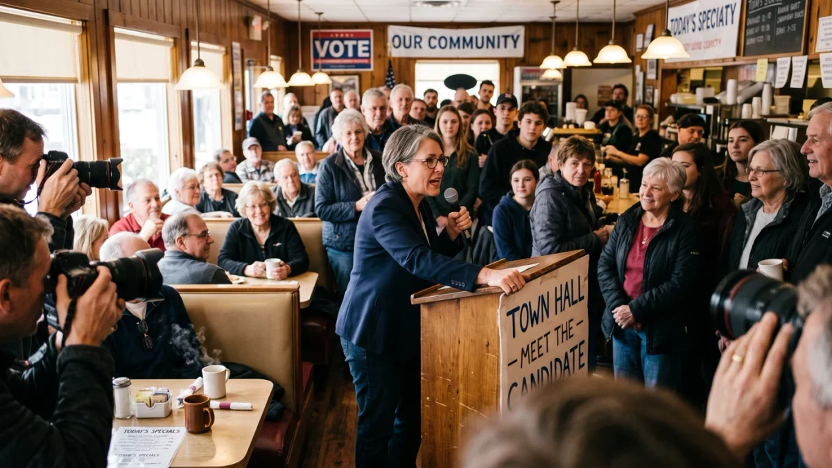 Candidate town hall in small diner packed with voters