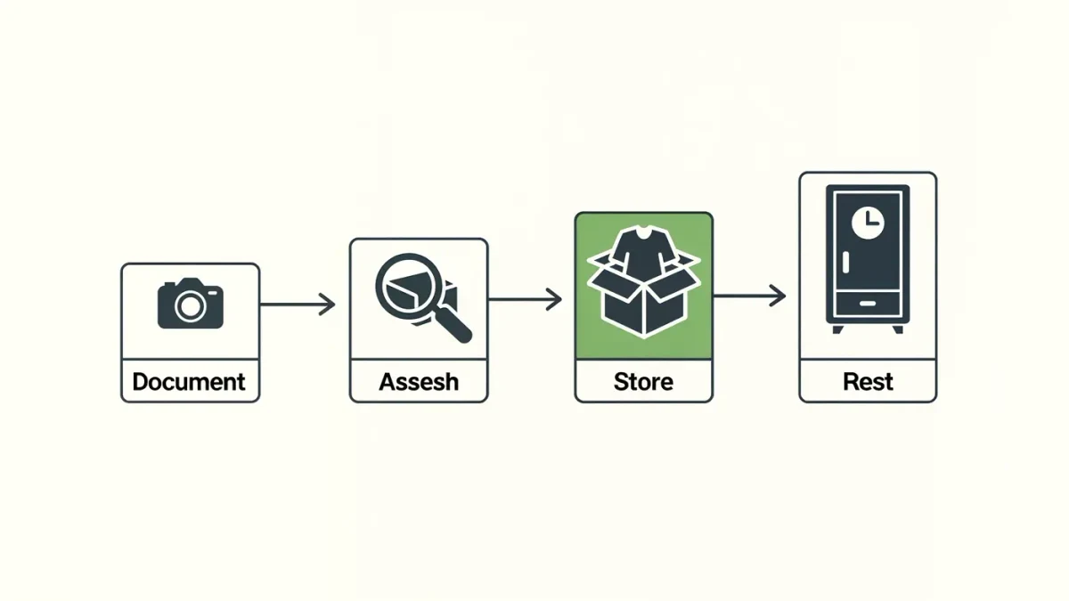 Infographic of a garment's conservation workflow from documentation to dark storage