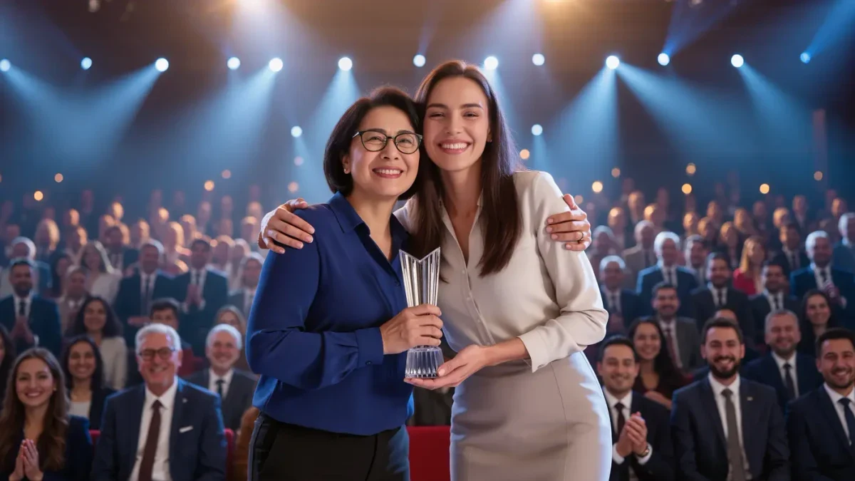 Author and translator celebrating at a literary prize ceremony