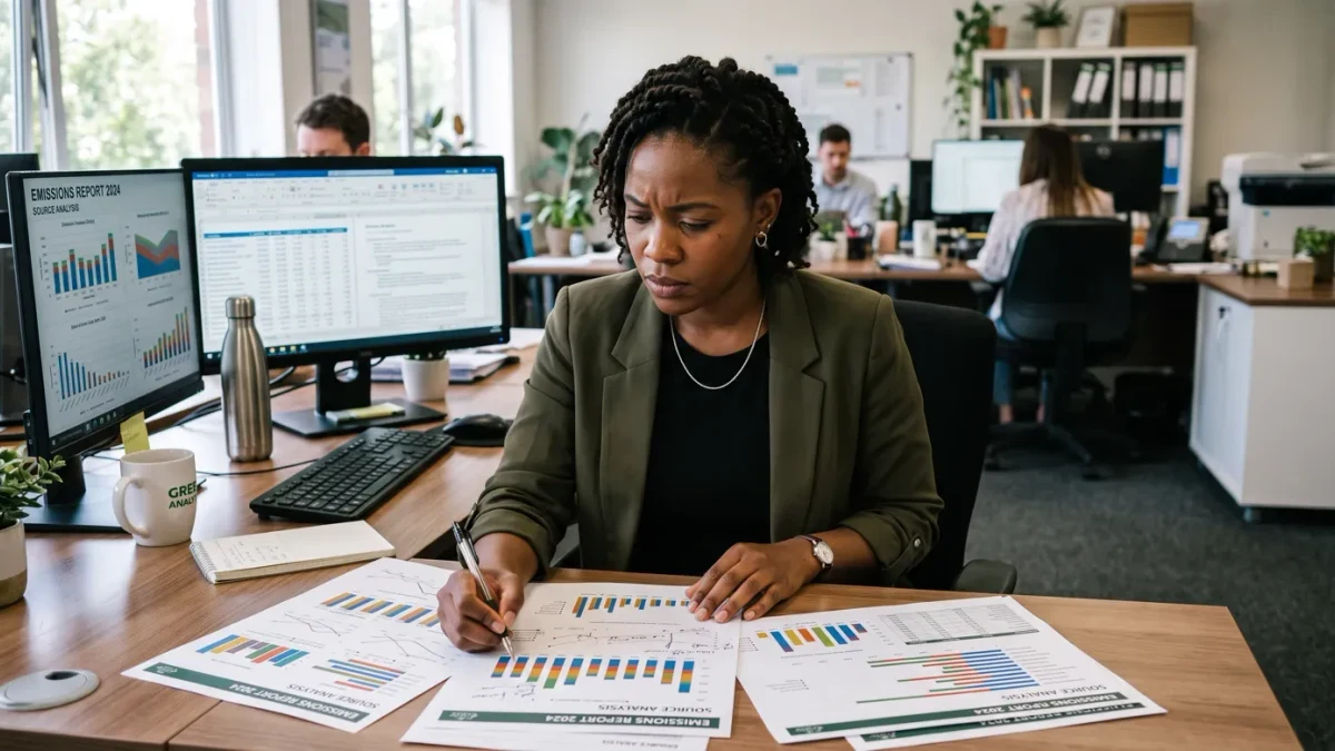 An environmental analyst reviewing emissions charts at her desk