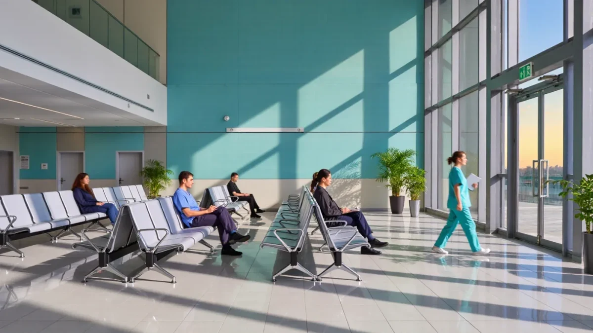 A busy hospital waiting hall filled with anonymous blurred visitors