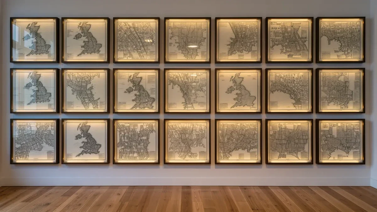Gallery wall hung with framed hand-drawn illustrated maps of British towns