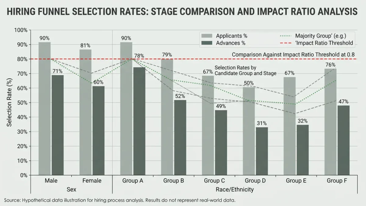 Selection-rate disparity chart comparing candidate groups in a hiring funnel