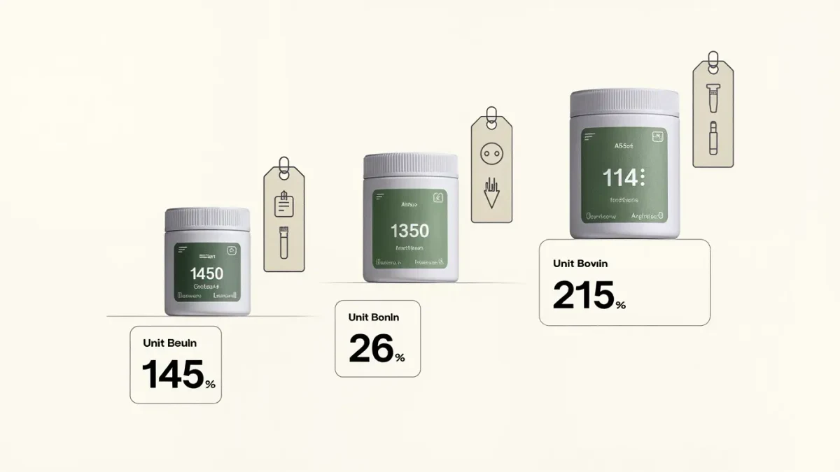 Infographic comparing three grocery packages with shelf tags showing price per ounce