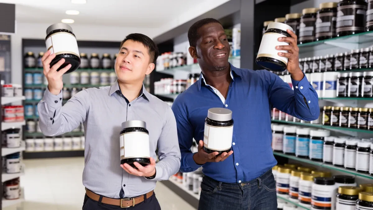 Shopper comparing two supplement labels side by side in store aisle