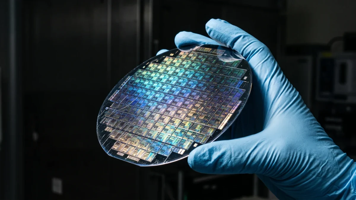 Wafer of advanced semiconductors under inspection light