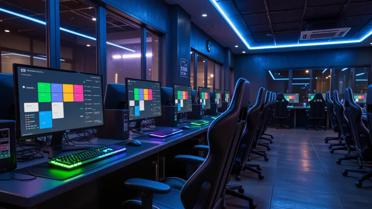 Empty internet cafe row of glowing PCs displaying patch notes at night