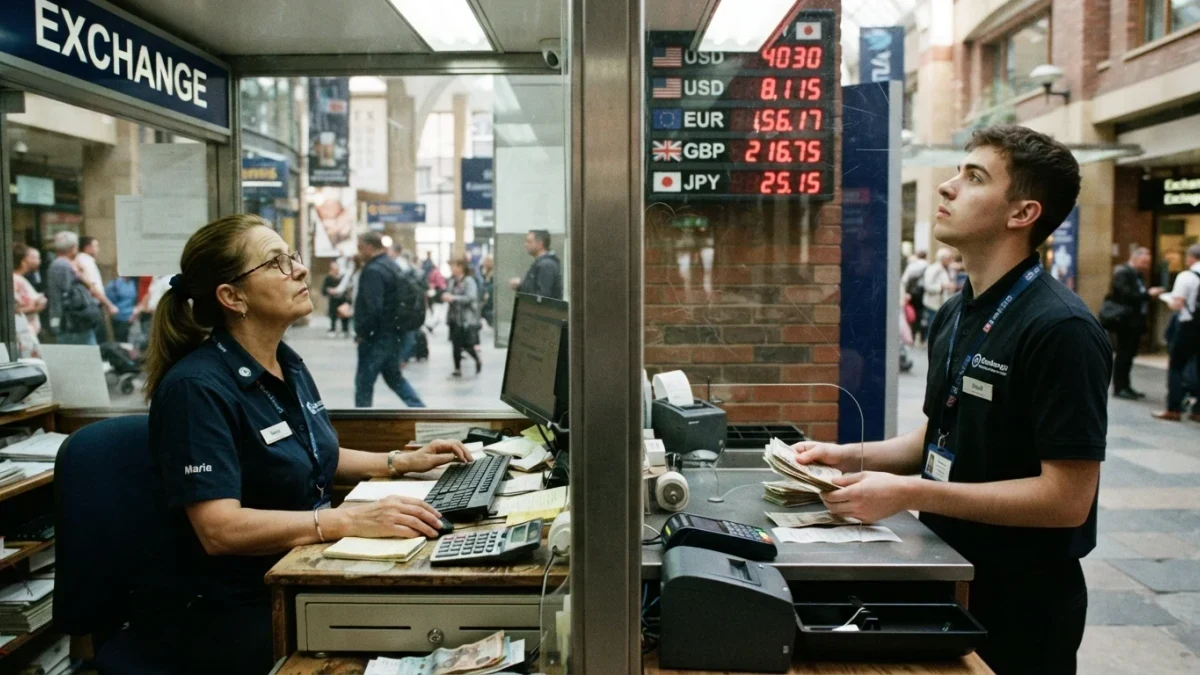 Two exchange-counter clerks working across a glass partition