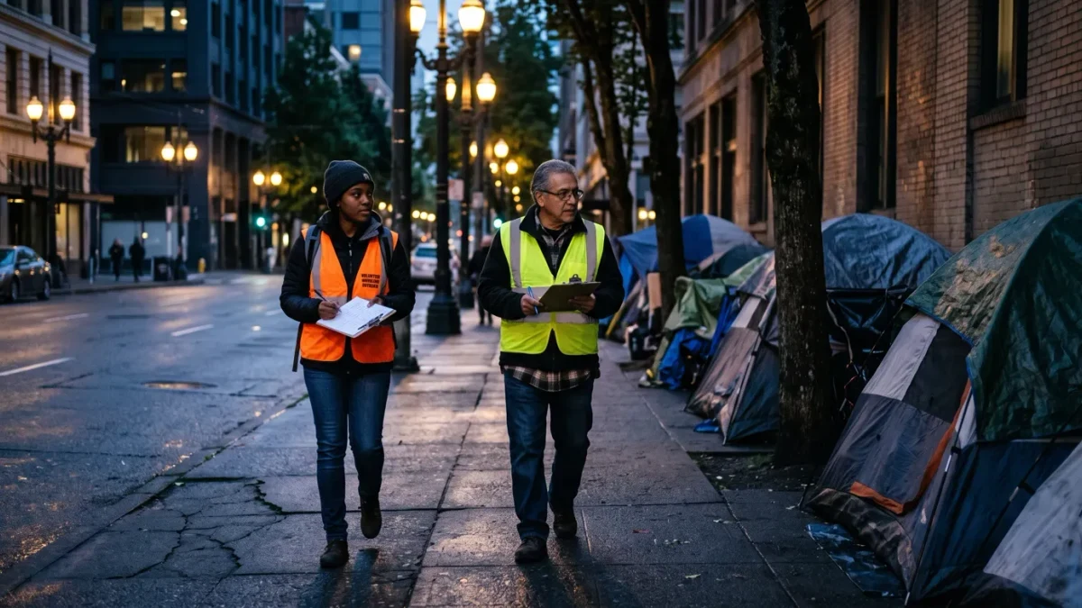 Volunteers with clipboards walking an urban street before dawn