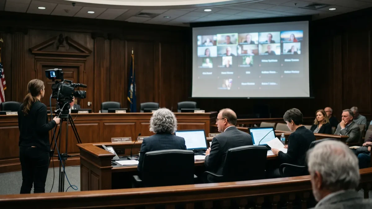 City council hybrid meeting with camera and remote participants on screen