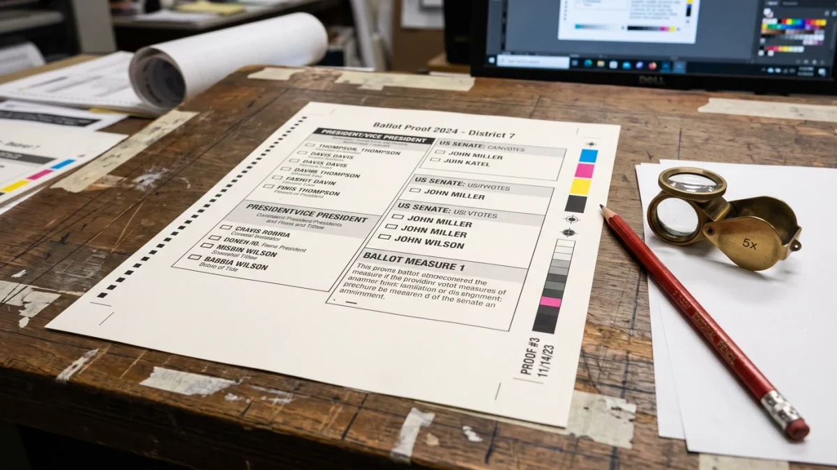 Election worker proofreading printed sample ballots at desk