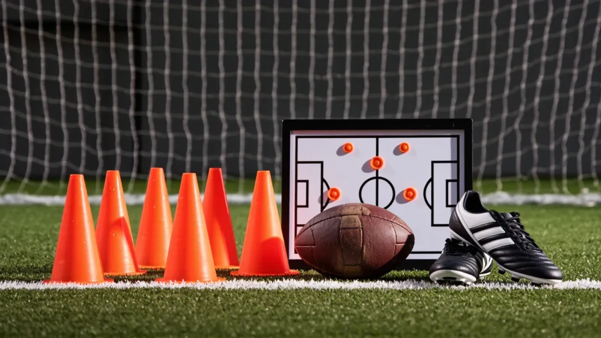 Training cones and tactics board beside a goalmouth