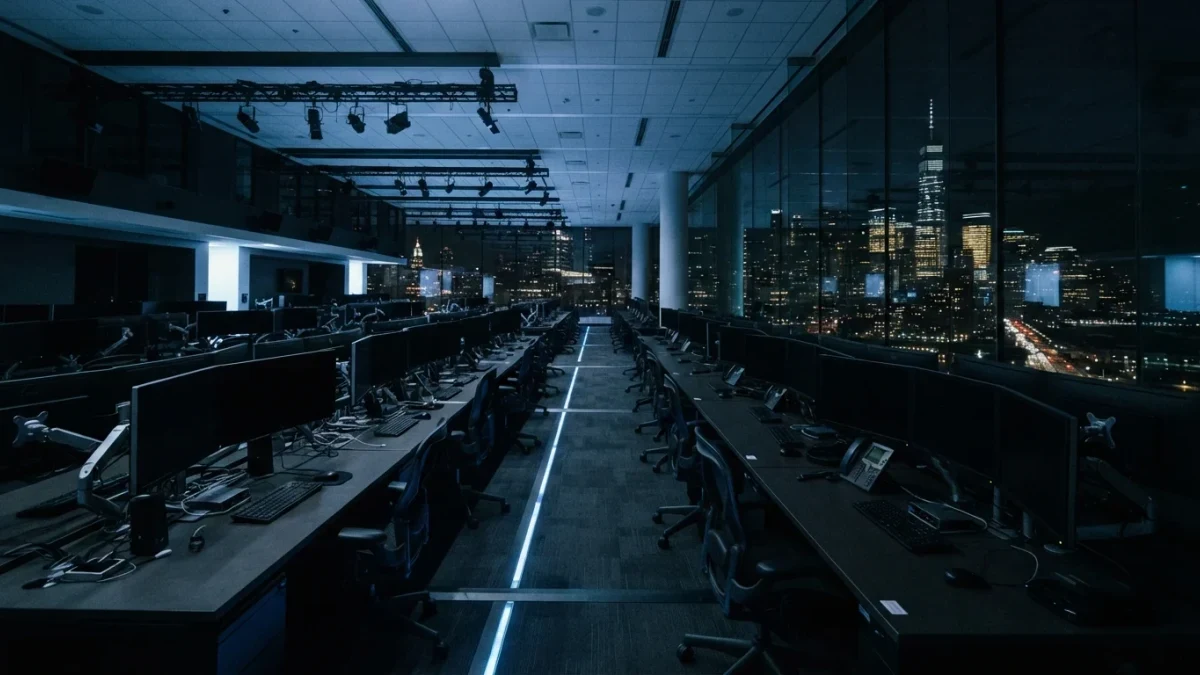 Empty after-hours trading floor with rows of dark monitors